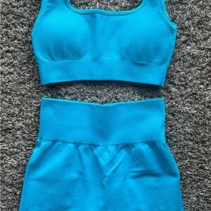 Blue Ribbed Crop Top and Skirt Set